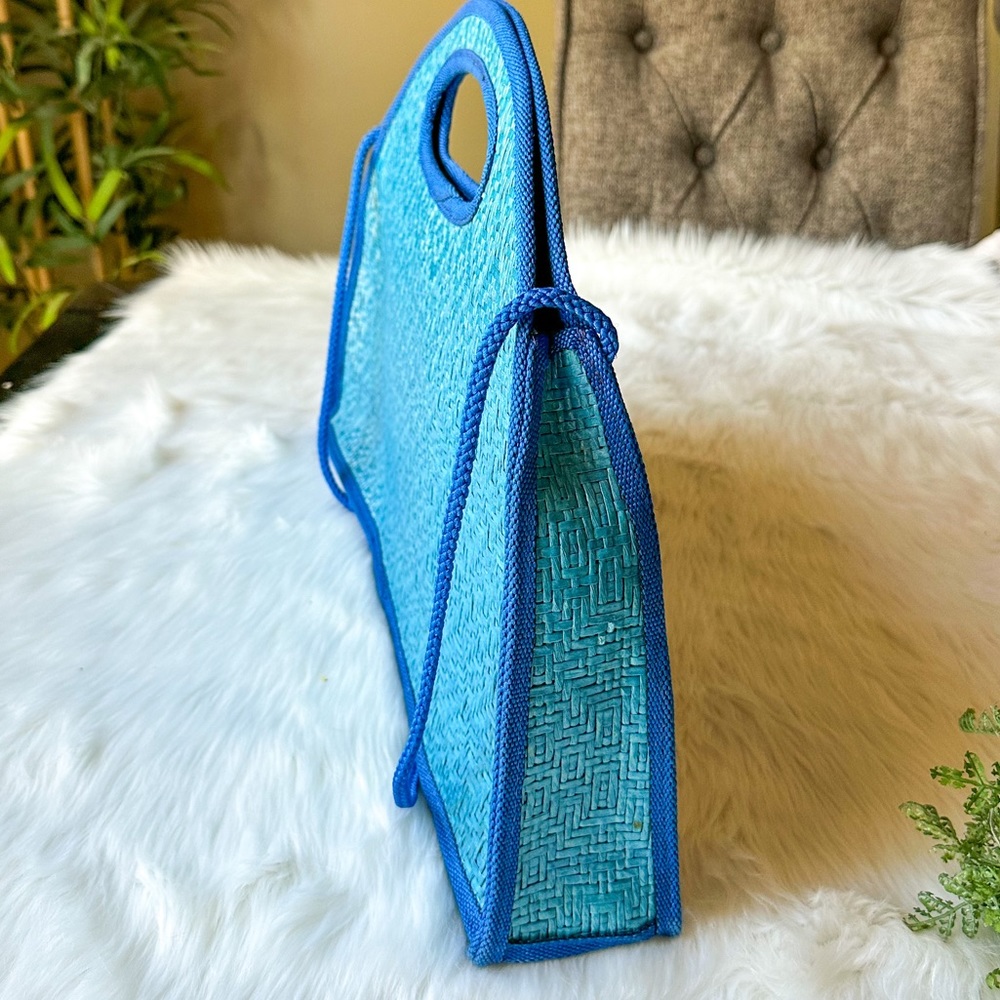 Vintage Vanessa Wicker Woven Purse Blue Half Circle Moon Beach Bag Tote Clutch - Picture 3 of 8